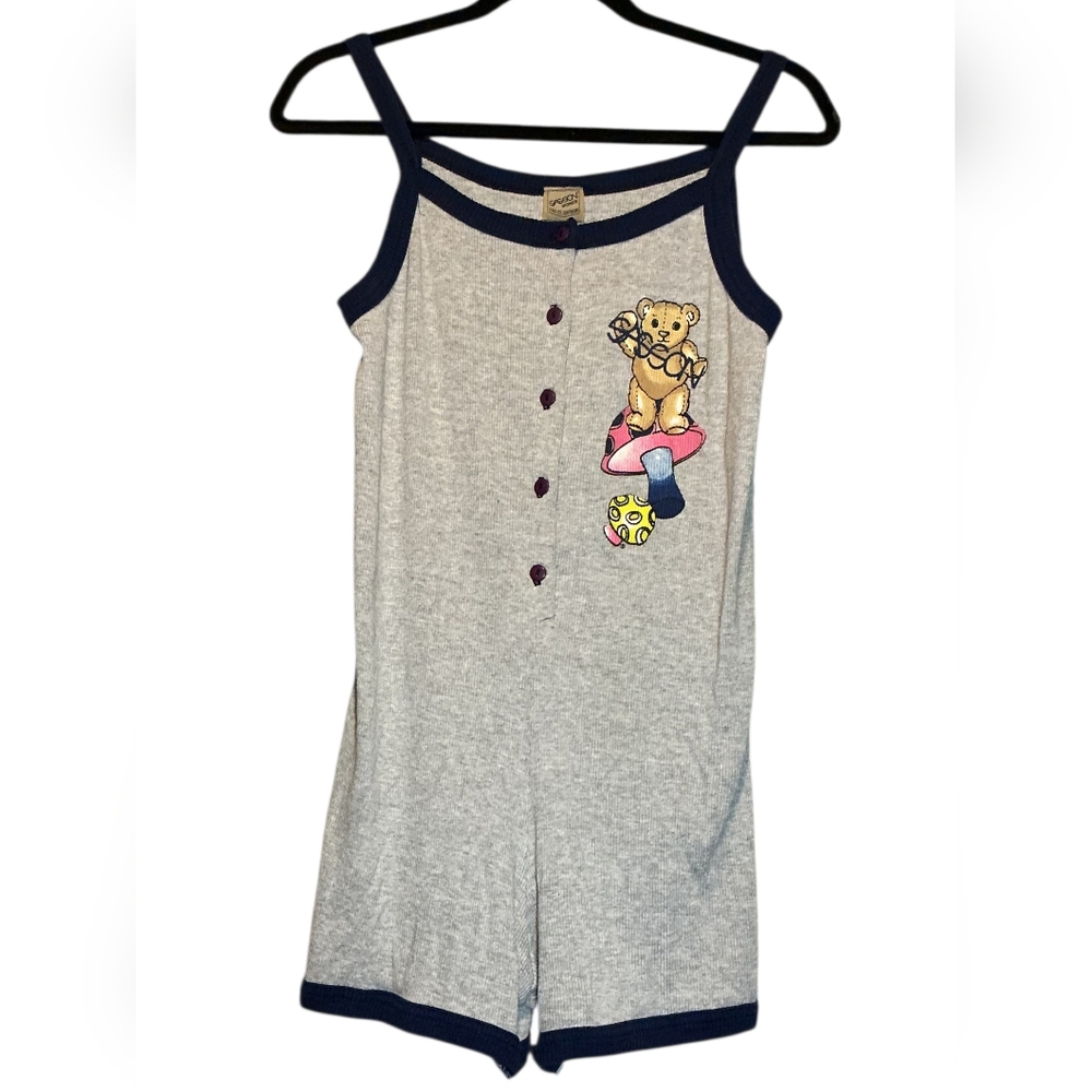 Vintage 90s Sasson Gray Teddy Mushroom Graphic Tank Romper with Navy Trim